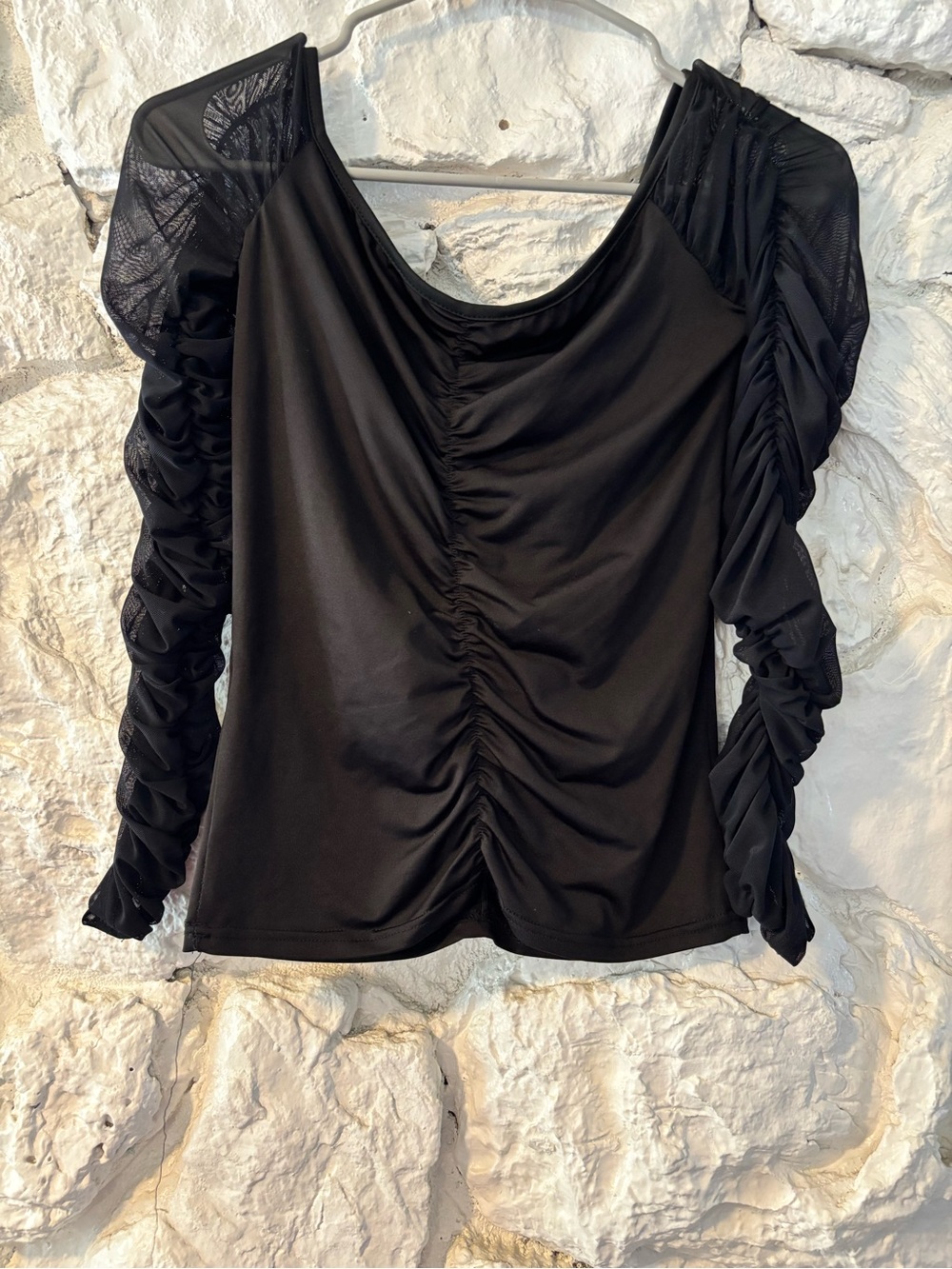 SHEIN Black Ruched Long Sleeve Mesh-Panel Top